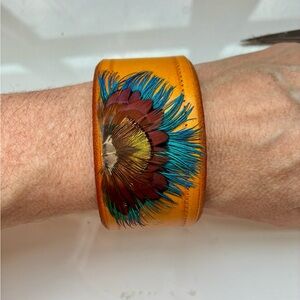 Feather Design Yellow Cuff Leather Bracelet